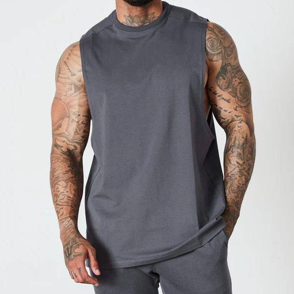 Men breathable straight hem tank top dark grey